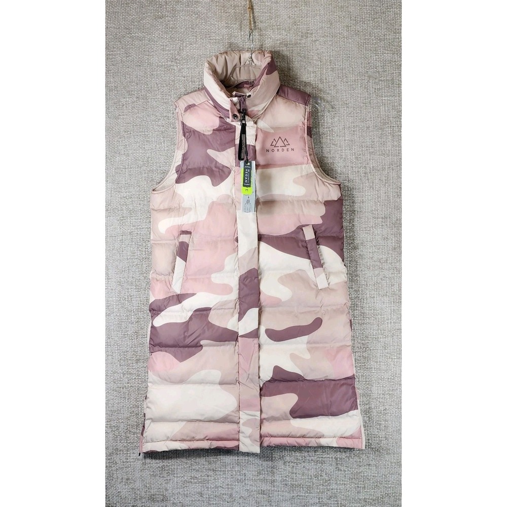 Norden Eva Pongee Vest Womens M Dusk Camo Long Puffer Hood‎ Zip Snap NWT